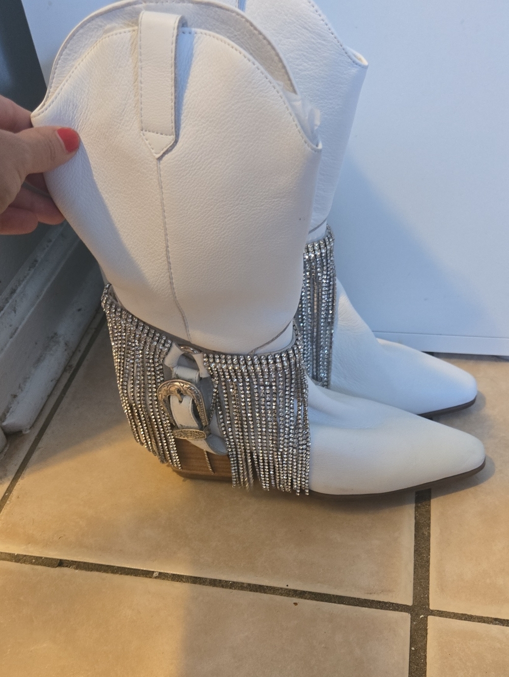 Dollcake White Rhinestone Fringe Western Heeled Boots